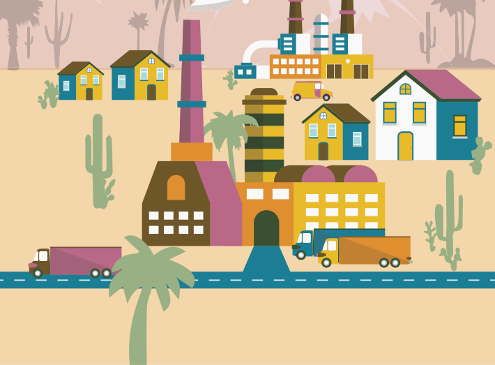 Graphic of a desert town with homes and smelters near each other.